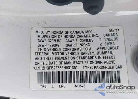 2014 Honda Civic Ex z USA, uszkodzony, nr VIN 2HGFB2F86EH531351